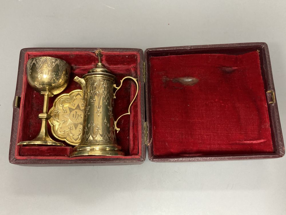 A Victorian cased three piece silver gilt travelling communion set by Edward & John Barnard, London, 1854,